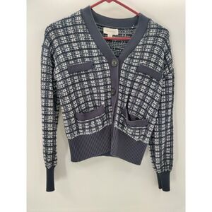 Free Assembly Blue White Plaid Tweed Cardigan Sweater Women's Size XS